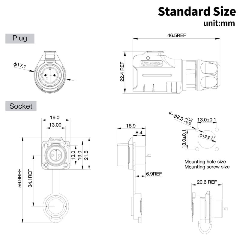 CNLINKO M12 Waterproof Connector PBT Plastic DC 12V Cable Panel Mount for AV System (2 Pin) - Image 4